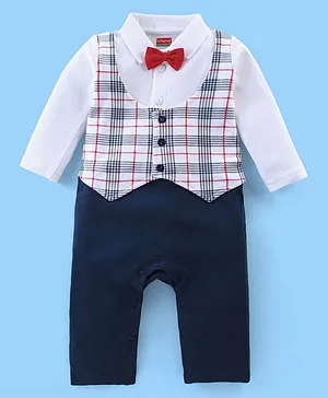 Babyhug Interlock Cotton Knit Full Sleeves Party Romper with Attached Checked Waist Coat & Bow Detailing - Navy Blue