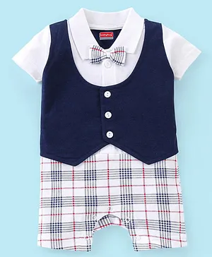 Babyhug Cotton Half Sleeves Checked Party Romper with Bow Applique - Navy Blue
