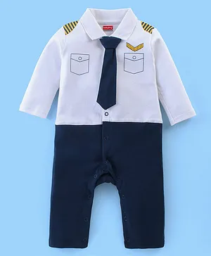 Babyhug 100% Cotton Knit Interlock Full Sleeves Romper with Tie Pocket Print - Navy Blue