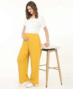 Bella Mama Cotton Elastane Full Length High Coverage Rib Knit Pant - Yellow