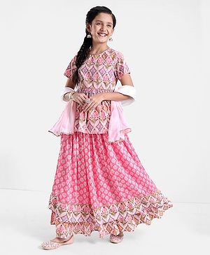 Pine Kids Cotton Floral Printed Half Sleeves Tiered Lehenga Choli Set- Pink