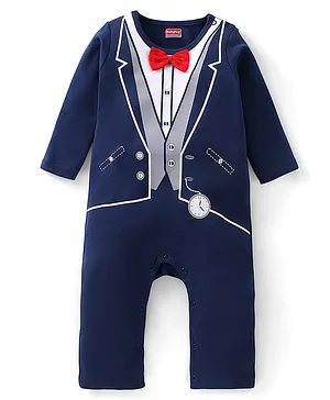 Babyhug 100 % Cotton Full Sleeves Party Suit Printed Romper with Bow - Navy Blue