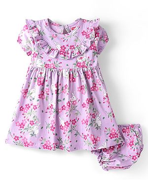 Babyhug Cotton Knit Half Sleeves Floral Print Frock with Frill Detailing & Bloomer - Lilac