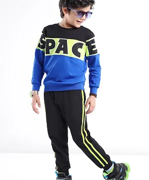 Ollington Cotton Full Sleeves Winter Wear Text Print Suit with Lounge Pant - Blue & Black
