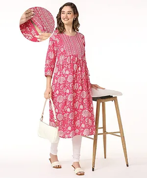 Bella Mama Woven Three Fourth Sleeves With Embroidered Yoke & Floral Print Maternity Kurta with Pocket -Pink