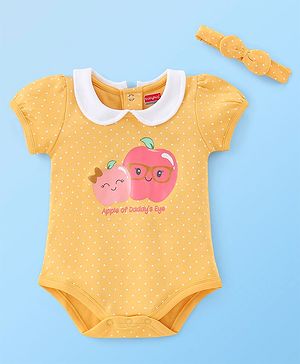 Babyhug 100% Cotton Half Sleeves Onesies With Hairband & Fruit Print - Yellow