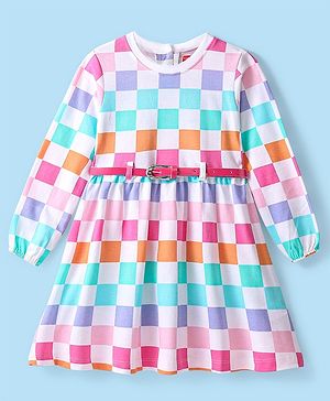 Babyhug 100% Cotton Full Sleeves Checked Light Weight Winter Dress with Belt - White