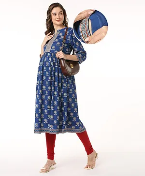 Bella Mama Woven Three Fourth Sleeves With Embroidered Placket & Floral Print Maternity Kurta with Pocket -Blue