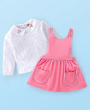 Babyhug Cotton Knit Frock With Full Sleeves Inner Tee & Floral Embroidery - White & Pink