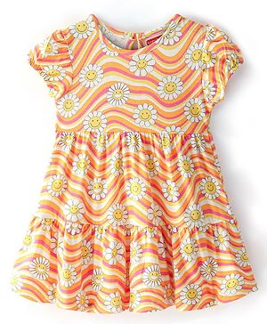Babyhug 100% Cotton Knit Half Sleeves Frock Stripes & Floral Print - White