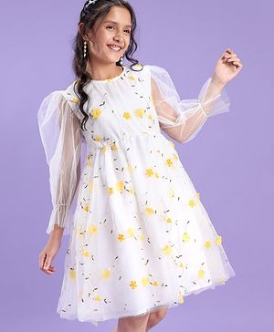 Pine Kids Full Sleeves Floral Embellished Party Wear Dress- White