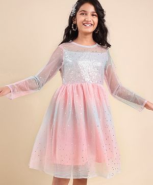 Pine Kids Full Sleeves Frock With Net & Sequine Detailing - Peach