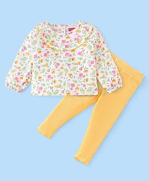 Babyhug Single Jersey Full Sleeves Top and Legging Floral Print - White & Yellow
