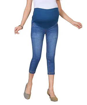 Mama And Bebe Soft Denim Calf Length Maternity Denim Capri With Adjustable Elastic At Waist-Medium Blue