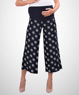 Mama And Bebe Soft Rayon Maternity Palazzo With Adjustable Elastic At Waist Floral Printed - Navy Blue