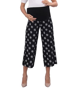 Mama And Bebe Soft Rayon Maternity Palazzo With Adjustable Elastic At Waist Floral Printed - Black