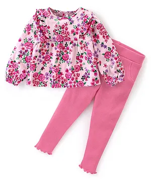 Babyhug 100% Cotton Knit Full Sleeves Top & Legging Set Floral Print - Pink