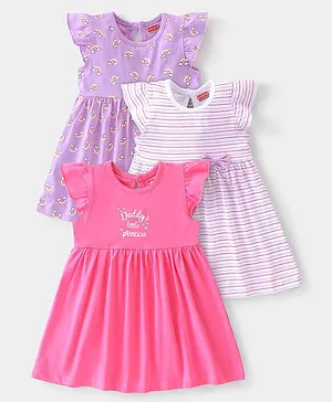 Babyhug 100% Cotton Knit Half Sleeves Frocks Rainbow & Text Print Pack of 3 - Purple Pink & White