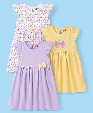 Babyhug 100% Cotton Knit Short Sleeves Frocks Floral Print Pack of 3 - Multicolor