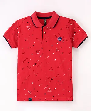 Earth Conscious Half Sleeves Geometric Abstract Printed Polo Tee - Red
