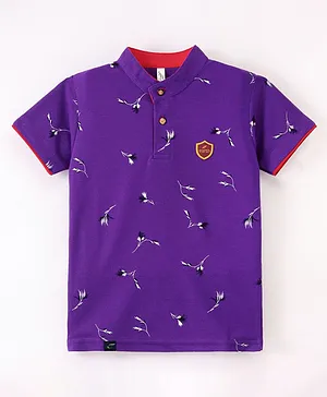 Earth Conscious Half Sleeves  Floral Printed Henley Neck Tee - Purple