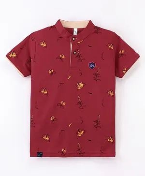 Earth Conscious Half Sleeves All Over Flowers & Leaves Printed Tee - Maroon