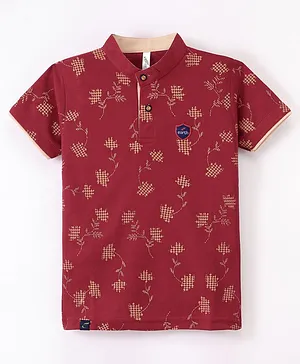 Earth Conscious Half Sleeves All Over Houndstooth Flowers Printed Tee - Maroon