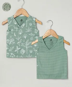 Cocoon Care Sleeveless Super Soft Bamboo Muslin Jhabla Leafy Printed Pack Of 2 - Sage Green