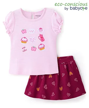 Babyoye Eco Conscious 100% Cotton Half Sleeves Top & Skirt Set Heart Embroidery - Pink & Maroon