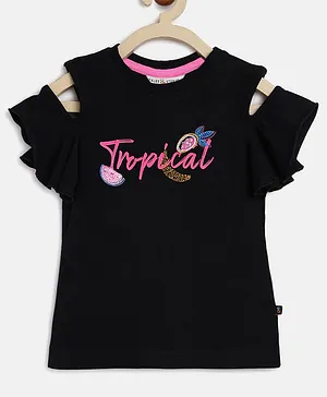 Tales & Stop Cold Shoulder Tropical Text Printed T Shirt - Black