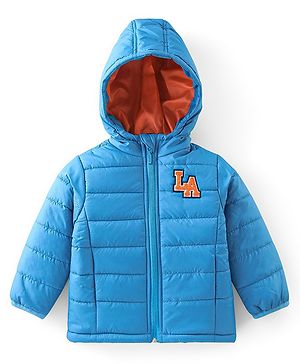 Babyhug Full Sleeves Hooded Jacket with Text Patch - Blue