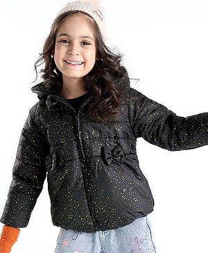 Babyhug Woven Full Sleeves Jacket With Hood & Bow Applique - Black