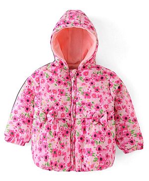 Babyhug Woven Full Sleeves Hooded Jacket Floral Print - Pink