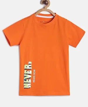 Tales & Stories Half Sleeves Never Means Now Reversible Sequin Text Embellished Tee - Orange