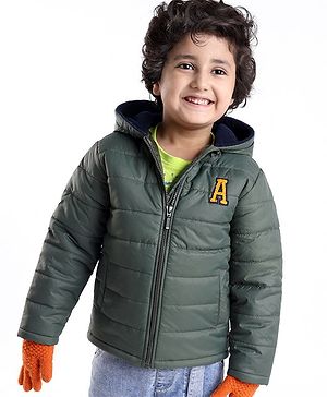 Babyhug Full Sleeves Padded & Hooded Jacket With Embroidery- Green