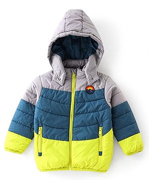 Babyhug Woven Full Sleeves Hooded Jacket Mountain Badge - Green & Grey