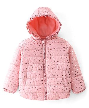 Babyhug Woven Full Sleeves Hooded Jacket Heart Print - Pink