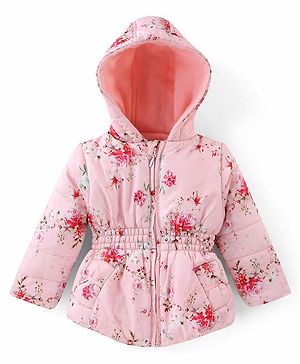 Babyhug Woven Full Sleeves Floral Printed Hooded Jacket - Pink