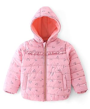 Babyhug Full Sleeves Quilted Hooded Jacket with Heart Foil Print - Pink