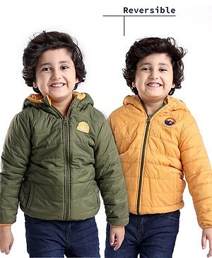 Babyhug Woven Full Sleeves Solid Hooded Reversible Jacket - Mustard Yellow