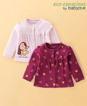 Babyoye Eco Conscious 100% Cotton Heart  Printed Full Sleeves Tops Pack of 2  - Pink & Maroon