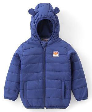Babyhug Woven Full Sleeves Hoodie With Fox Patch - Blue