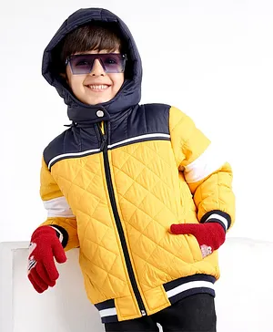 Babyhug Full Sleeves Padded Winter Jacket With Hood & Color Block Design - Yellow & Navy