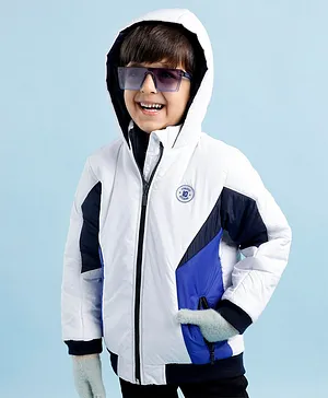 Babyhug Full Sleeves Hoodies With Color Block Design - Off White & Navy Blue
