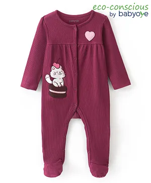 Babyoye Eco Conscious 100% Cotton Full Sleeves Kitty Patch Footed Sleep Suit - Dark Pink