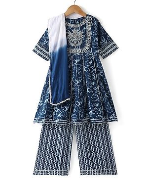 Pine Kids Cotton Three Fourth Sleeves Embroidered Kurti & Salwar Set with Dupatta - Navy