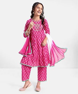 Pine Kids 100% Cotton Woven Three Fourth Sleeves Kurti & Salwar Set with Dupatta Floral Embroidery & Print - Pink