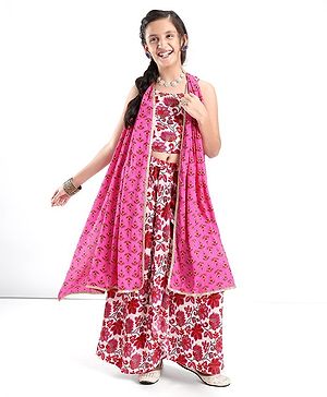 Pine Kids Cotton Sleeveless Choli & Alol Lehenga Set with Shrugi Floral Print - Pink
