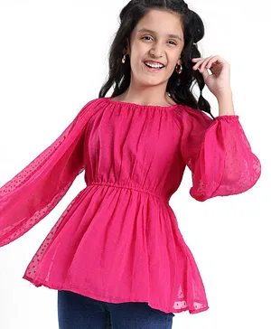 Pine Kids Full Sleeves Self Structure Solid Peplum Style Top - Fuchsia