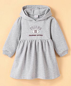 Kookie Kids Looper Full Sleeves Hooded Winter Frocks with Applique Detailing - Grey